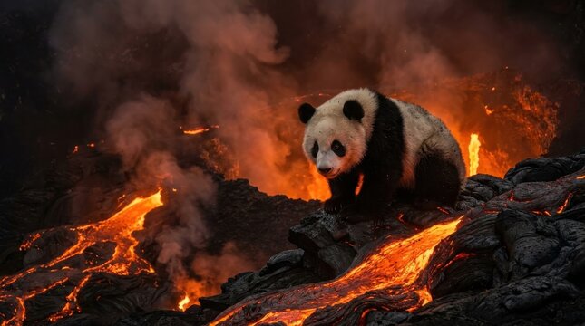 Giant panda bear stands on volcanic rock near flowing lava and smoke