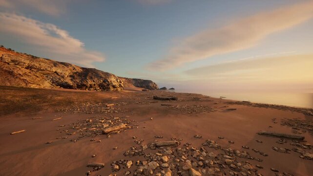 sunlit sandy shore at sunrise, amber glow highlights wet sand and cliffs, gentle tide lapping pebblestrewn cove, tranquil mood suited for travel imagery
