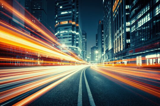 Busy city street filled with light trails from passing vehicles and modern buildings