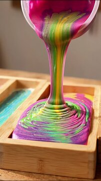 Pouring colorful liquid soap into a wooden mold for handmade soap making craft project diy crafts swirl pattern artisanal soap bright colors