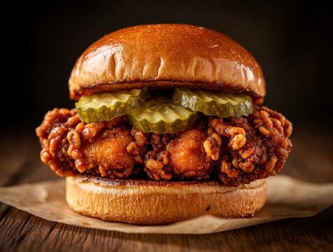 Juicy fried chicken slider with pickles on a soft bun. This spicy sandwich is perfect for a quick meal or satisfying snack. Enjoy the savory taste and crispy texture of this delicious chicken burger.