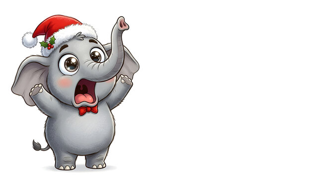 A funny cartoon Christmas elephant with enormous wide-open sparkling eyes, raised eyebrows and a dramatically surprised open mouth, trunk lifted upward in shock, rosy cheeks, large floppy ears, fluffy