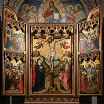 Ancient religious triptych with gold background showing Jesus on cross. Medieval altar painting features crucifixion scene, saints in church. Historical christian art piece biblical stories in three