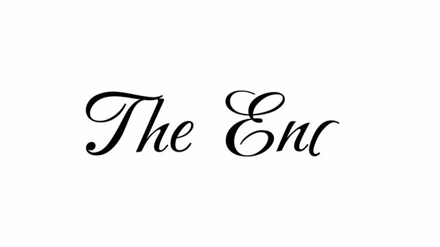 Cinematic handwriting animation of The End text in elegant cursive calligraphy with ink splatters and decorative lines on a white background for vfx and alpha channel use