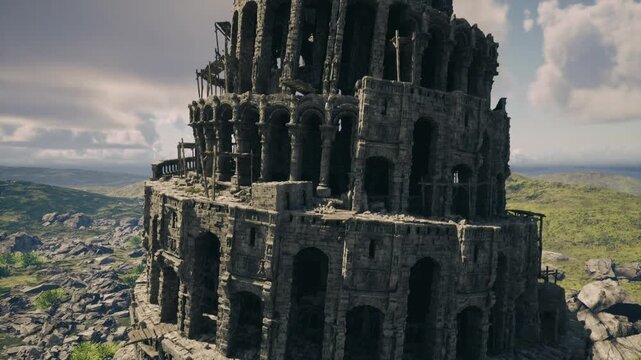 Cylindrical stone tower beacon rises above rolling green plains, lonely monument with layered arcades and open windows, soft sunlight and expansive sky convey