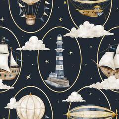 Airship seamless watercolor pattern with lighthouse, ships and balloons on dark blue background. Celestial repeat with blimp, sailboat and stars for fabric, wallpaper, nursery textiles and wrappings. © Alisles