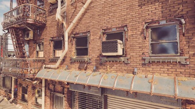 exposed brick wall with vertical pipes, weathered conduit and rusted brackets window vents, tangled cables and metal ladder create layered urban texture warm