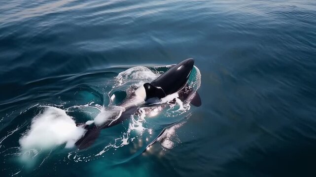 Aerial tracking slow motion of orca pod swimming and surfacing off open ocean surface with sunlit reflective water during calm morning marine behavior
