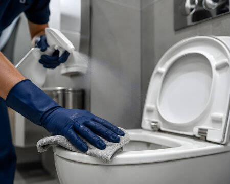 Professional cleaner wearing dark blue rubber gloves sanitizing white toilet bowl using effective spray cleaning liquid