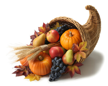 Wicker horn of plenty overflowing with seasonal harvest vegetables and fruits for autumn celebration