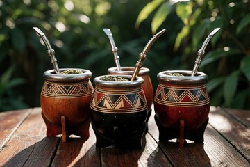 Naklejka premium Four traditional South American mate cups with bombillas rest on a wooden table. Green yerba mate leaves fill the gourds. Outdoor plants create a blurred background.