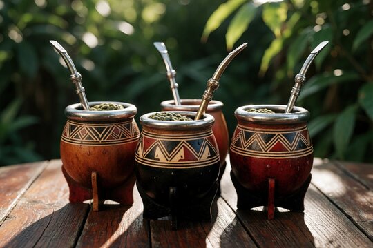 Four traditional South American mate cups with bombillas rest on a wooden table. Green yerba mate leaves fill the gourds. Outdoor plants create a blurred background.