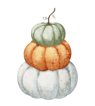 Pumpkin stack watercolor illustration with green, orange and white autumn gourds isolated on background. Harvest clipart for Thanksgiving invitations, farmhouse, fall greeting card and seasonal design