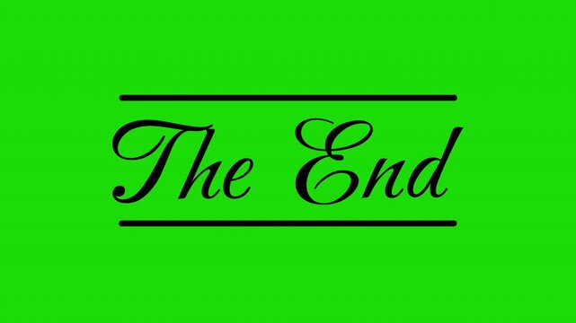 Animated The End text in elegant cursive font written on a green screen background for vfx and alpha channel transparency in cinematic video editing