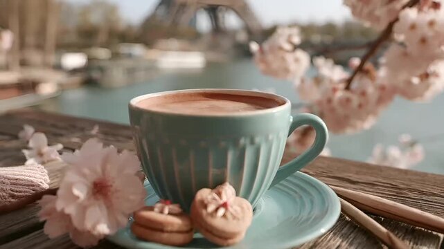 Paris, France, Europe. A still life photograph depicts a serene outdoor scene with the Eiffel Tower in the background. The main subject is a turquoise teacup filled with a rich, creamy beverage.