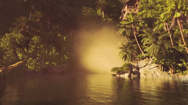 golden hour mist over tropical shoreline with warm reflections, palm trees and dense jungle creating cinematic tranquil vibe and hidden cove atmosphere