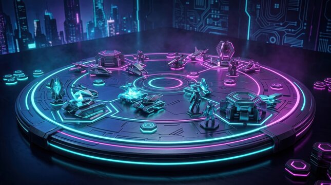 Futuristic board game pieces on a neon-lit circular platform with cityscape background