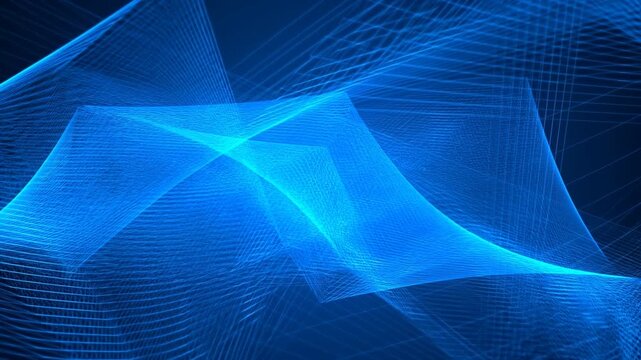 Abstract blue wireframe waves create layered geometric surfaces on dark background