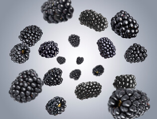 Fresh ripe blackberries spinning in air against grey gradient background © New Africa