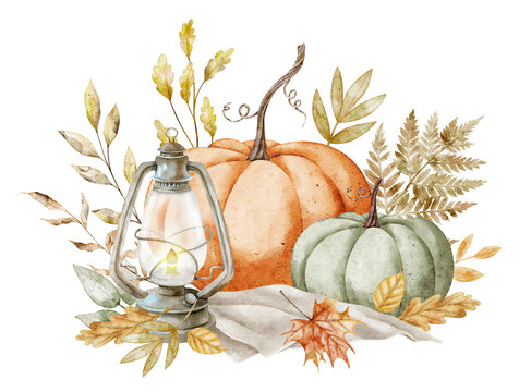 Autumn pumpkins watercolor illustration with gourds, lantern, sunflowers, fern and fall foliage isolated on background. Fall clipart arrangement for Thanksgiving invitations and harvest designs.