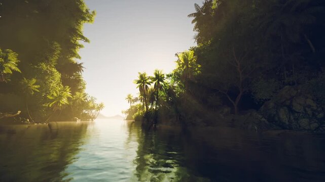 sunrise ecological corridor with reflective water and dense tropical vegetation, early light illuminating biodiversityrich shoreline and creating mood