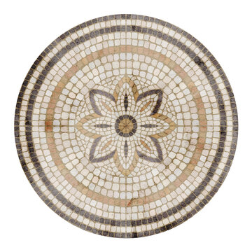 Roman mosaic medallion watercolor illustration with a circular floral motif made of stone tesserae isolated on background. Ancient decorative clipart for Mediterranean and classical designs.