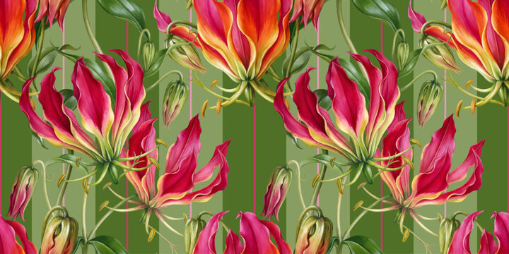 Seamless vector pattern with colorful gloriosa superba flowers isolated on a changeable background.