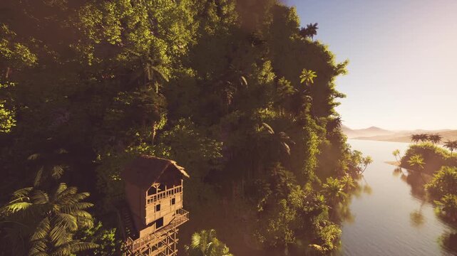 Sunrise river overlook with rustic cabin perched above water, golden glow painting foliage and timber balcony, panoramic vista evoking romance and tranquil