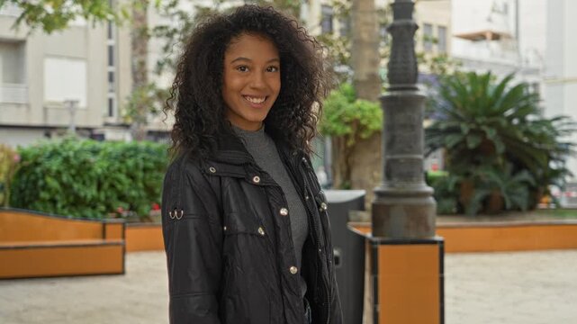 Teenage woman smiling at camera, face visible wearing black jacket in a street plaza with lamppost and planter; joy confidence youth.
