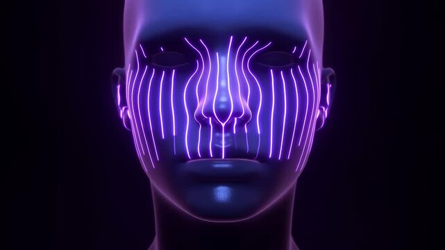 Stylized humanoid face remains still in dark neonlit setting with frontal view