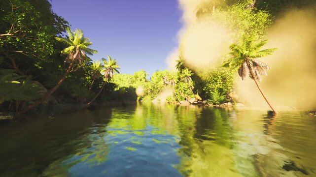 tropical creek with morning mist, gentle reflections and leafy banks, perfect backdrop for wellness storytelling, mindfulness visuals and quiet nature content