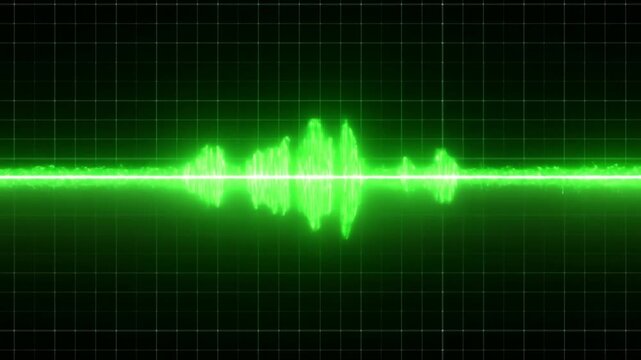 Green audio waveform pulses across digital grid as signal amplitude rises and settles