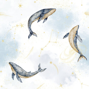 Whale seamless watercolor pattern with stars and sky isolated on background. Celestial ocean repeat with animals and constellations for fabric, wallpaper, nursery textiles and wrappings. Baby backdrop