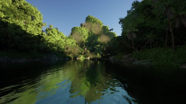 Hidden cove with emerald water and overhanging canopy, calm current and rich green tones, secluded mood suited for eco retreat and slow travel narratives.