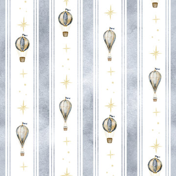 Celestial seamless watercolor pattern with hot air balloons and golden stars isolated on background. Baby vertical repeat with aircrafts for fabric, wallpaper, nursery textiles and wrapping paper.