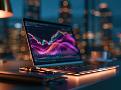 Laptop displaying stock market charts with city lights in the background