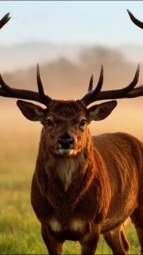 Majestic red deer stag with large antlers standing proudly in a misty morning field animal wildlife nature buck male deer