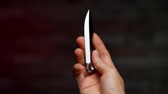 Hand Holding Upright Kitchen Knife Against Dark Background in Close View
