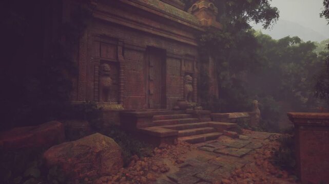 warm stone steps with carved lintel and moss accents, tactile textures and golden highlights emphasize craftsmanship and age, suited for closeup detail