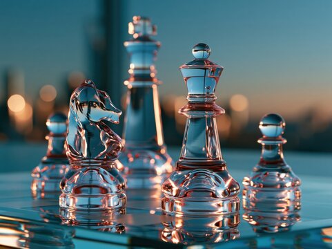 Elegant glass chess pieces arranged on a board with bokeh background