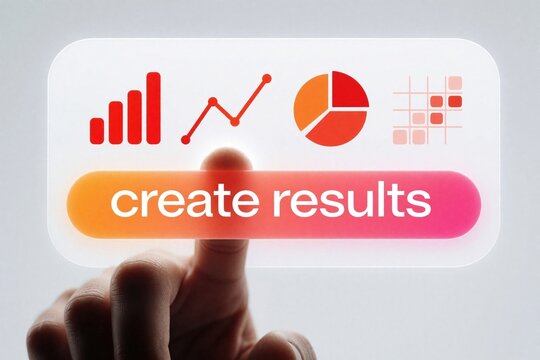 Finger presses create results button on virtual screen with business charts and graphs. Data analysis and business planning with digital interface. Financial reports and statistics.