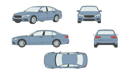 Fototapeta premium Collection of blue sedan car graphics displaying several distinct viewpoints including side front and top angles in a clean modern flat design style.