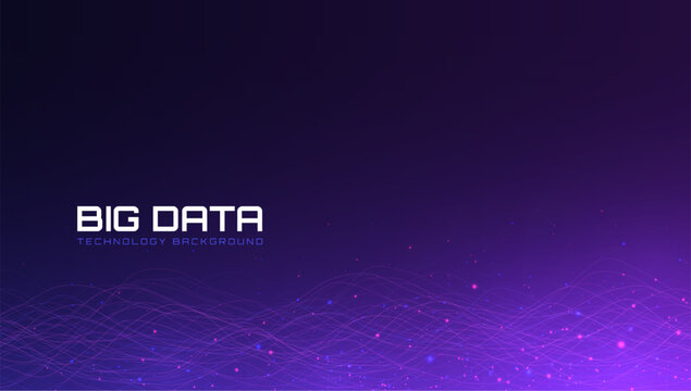 Big data technology background. Glowing network waves with digital particles. Futuristic dynamic flow. Bright data design for science, analytics, AI, cloud computing or business. Vector Illustration.