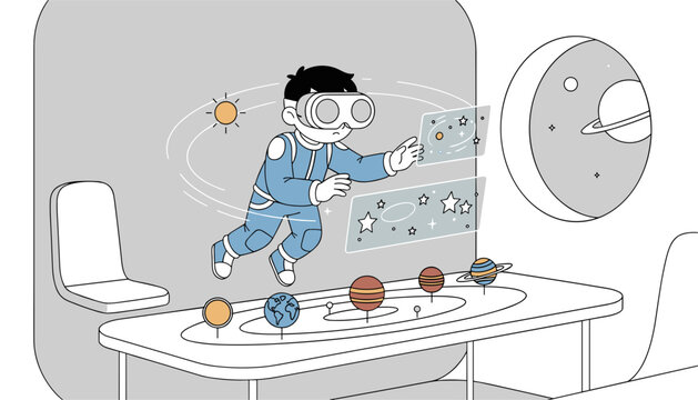 Child wearing a virtual reality helmet floating in a simulated space environment while examining holographic planet models on a futuristic table.