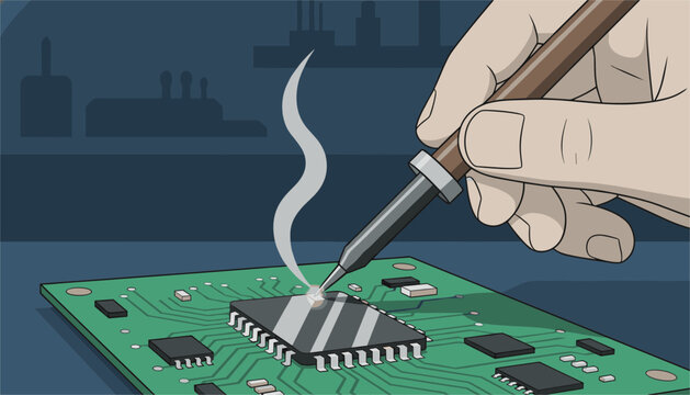 Close up view of a human hand using a soldering iron to connect components on a green electronic circuit board with wisps of smoke rising slowly.