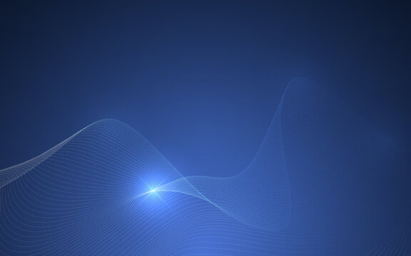 Technology abstract background with glowing blue particle waves. Digital data flow with futuristic mesh lines. Tech texture for AI, networking, science, business. Vector Illustration.
