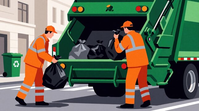Sanitation workers in orange uniforms load rubbish bags into a green garbage truck on a city street. One worker carries a bag while another places bags into the truck. A green recycling bin is nearby.