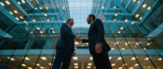 Fototapeta premium Business executives shake hands in modern office atrium, symbolizing partnership, trust, agreement, success, and cooperation.