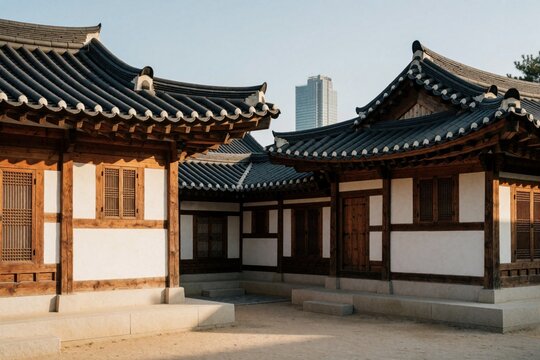 Traditional Korean hanok houses with wood frames and tile roofs sit in a bright courtyard. A modern skyscraper stands in the distance behind the historic buildings. Architecture and culture.