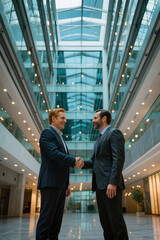 Fototapeta premium Two executives shake hands inside futuristic glass building, representing corporate partnership, negotiation, trust, growth, and success.